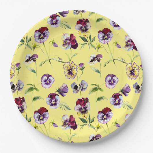 Waterverf Pansies Patroon op Geel Papieren Bordje (Voorkant)