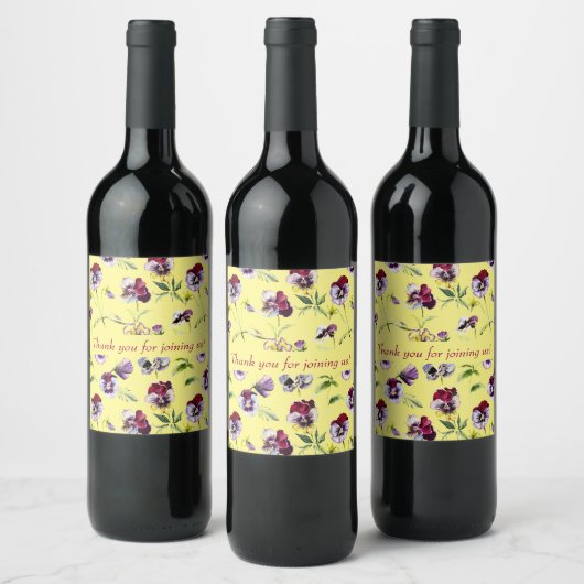  Waterverf Pansies Patroon op Geel Wijn Etiket (Flessen)