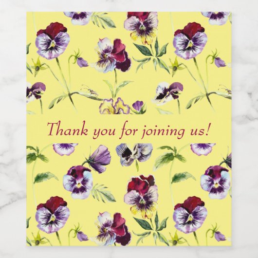  Waterverf Pansies Patroon op Geel Wijn Etiket (Enkel label)