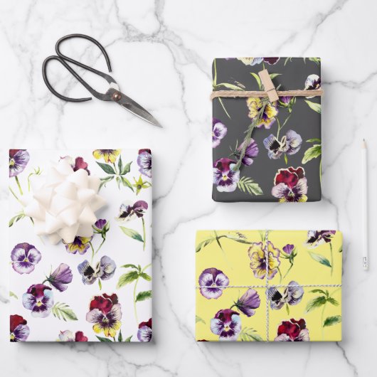 Waterverf Pansies Patroontrio Inpakpapier Vel (Voorkant)