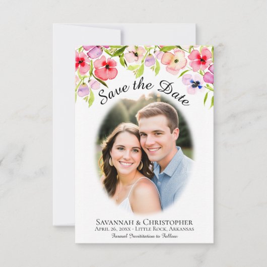 Waterverf Pansies, wilde bloemen en fotobruiloft Save The Date (Voorkant)