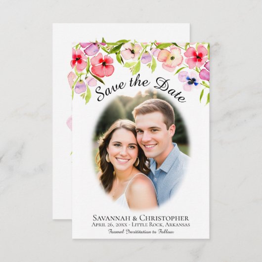 Waterverf Pansies, wilde bloemen en fotobruiloft Save The Date (Voorkant / Achterkant)