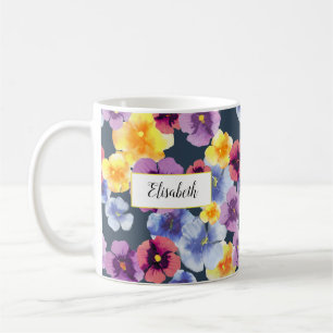 Waterverf Pansy Floral Gepersonaliseerde Navy Blue Koffiemok
