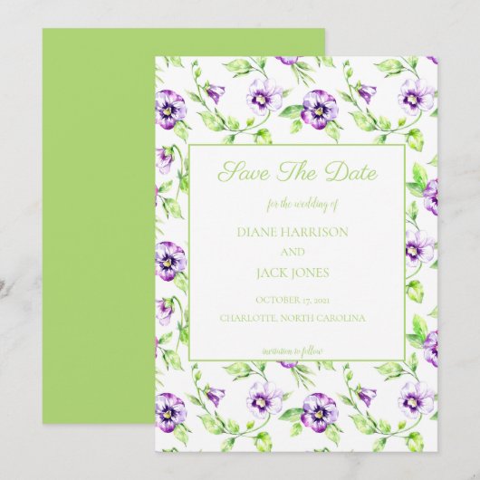 Waterverf Pansy Save the Date Wedding Kaart (Voorkant / Achterkant)