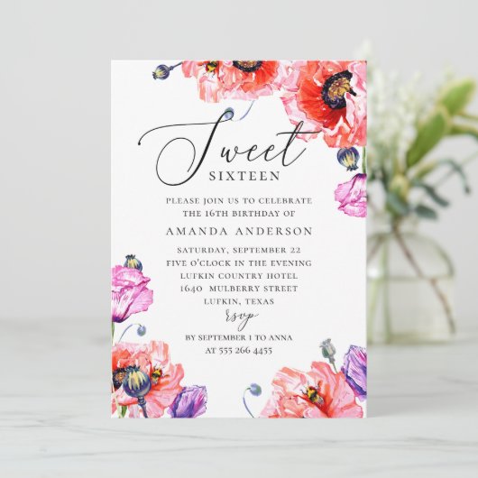 Waterverf papaver 16. 16de verjaardag van legant kaart (Staand voorkant)