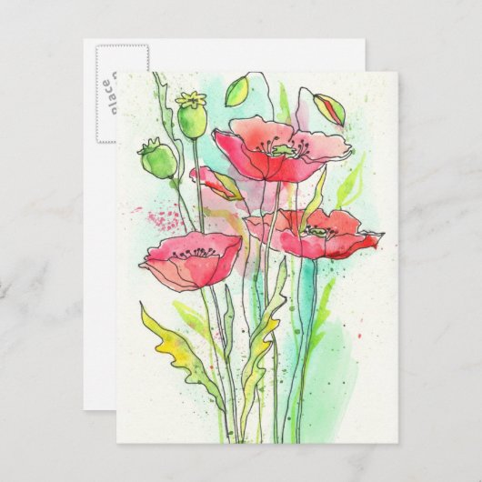 Waterverf papaver briefkaart (Voorkant / Achterkant)