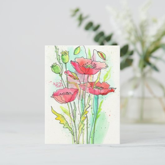 Waterverf papaver briefkaart (Staand voorkant)