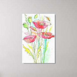 Waterverf papaver canvas afdruk