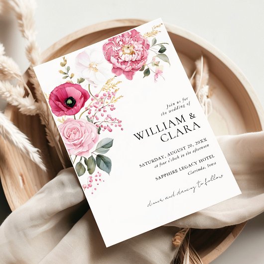 Waterverf papaver en pioenroos bloemenhuwelijk kaart