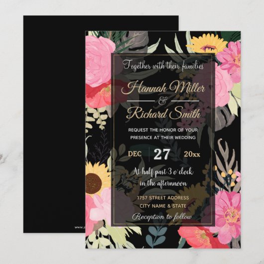 Waterverf Papaver en zonnebloemen - Floral Black D Kaart (Voorkant / Achterkant)