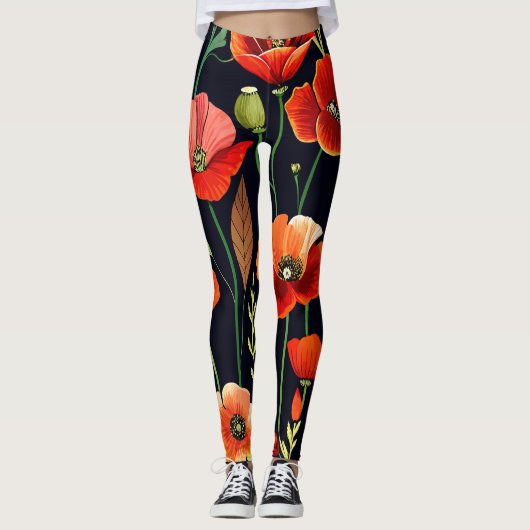 Waterverf papaver op zwart leggings (Voorkant)