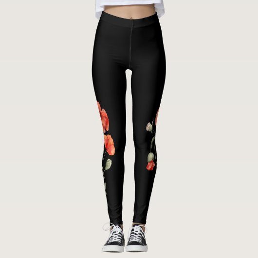 Waterverf papaver op zwart leggings (Voorkant)