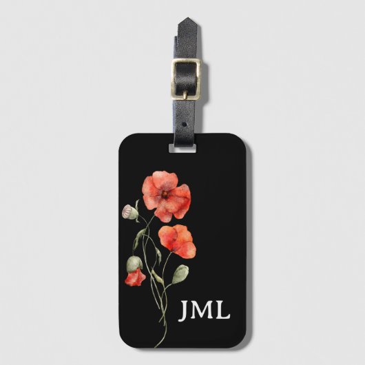 Waterverf papaver op zwart monogram bagagelabel (Voorkant (verticaal))