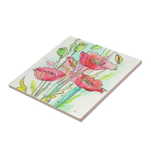 Waterverf papaver tegeltje (Zijkant)