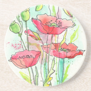 Waterverf papaver zandsteen onderzetter