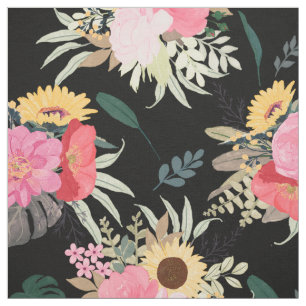 Waterverf Papaver & zonnebloemen Floral Black Desi Stof