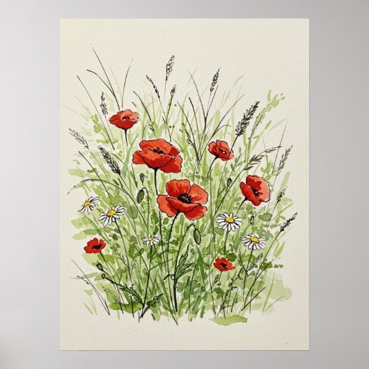 Waterverf Papavers & Madeliefjes Print Kunst (Voorkant)
