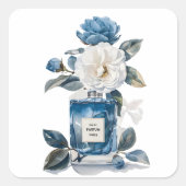 Waterverf parfumflesje met blauwe en witte bloem vierkante sticker (Voorkant)
