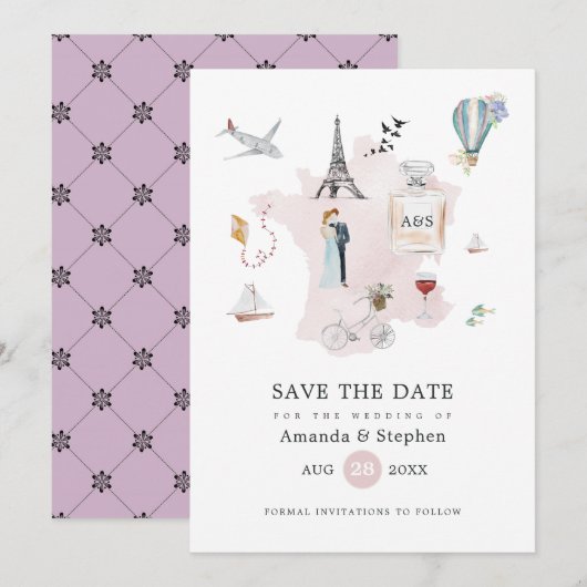 Waterverf Parijs Bestemming Trouw Monogram Save The Date (Voorkant / Achterkant)