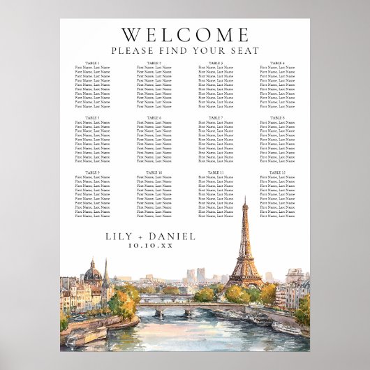 Waterverf Parijs Frankrijk Wedding Seating Chart Poster (Voorkant)