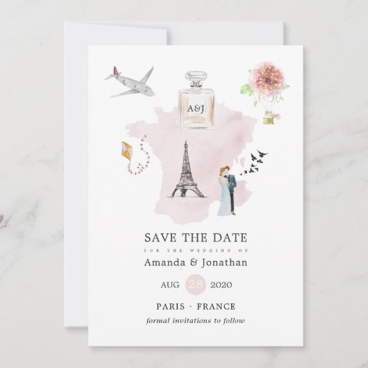Waterverf Parijs Thematische Trouw Monogram Save The Date (Voorkant)