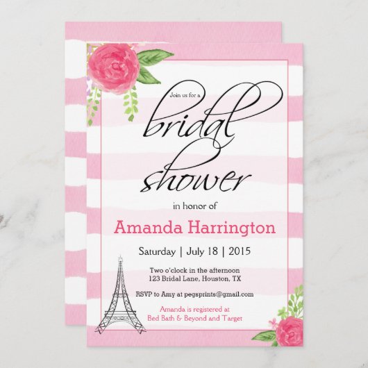 Waterverf Paris Bruidsdouche Uitnodiging - Roze (Voorkant / Achterkant)