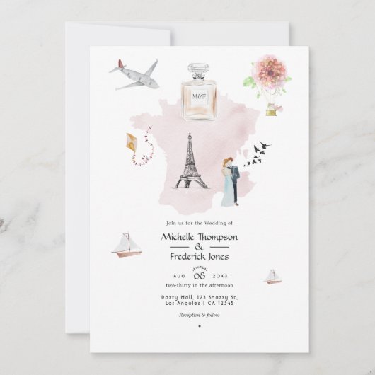 Waterverf Paris Destination Wedding Monogram Kaart (Voorkant)
