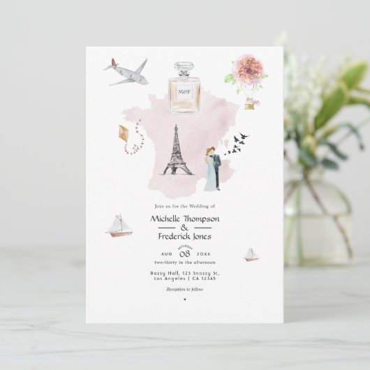 Waterverf Paris Destination Wedding Monogram Kaart (Staand voorkant)