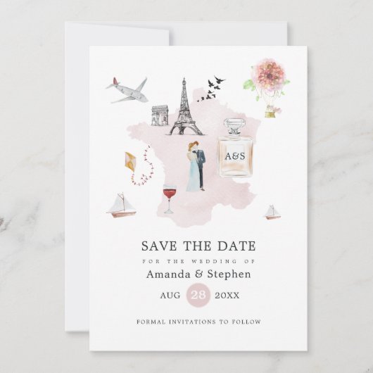 Waterverf Paris Destination Wedding Monogram Save The Date (Voorkant)