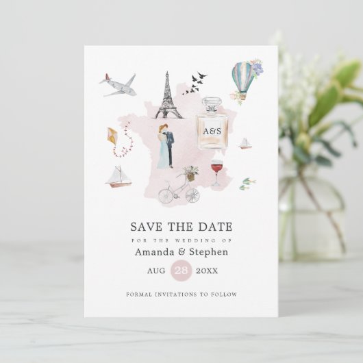 Waterverf Paris Destination Wedding Monogram Save The Date (Staand voorkant)