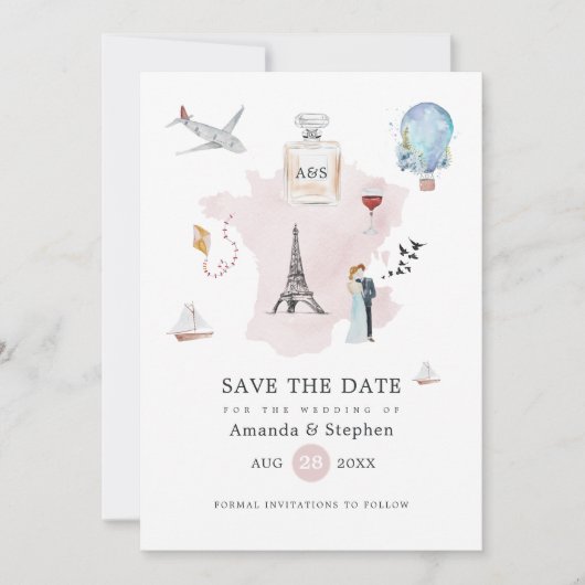 Waterverf Paris Destination Wedding Monogram Save The Date (Voorkant)