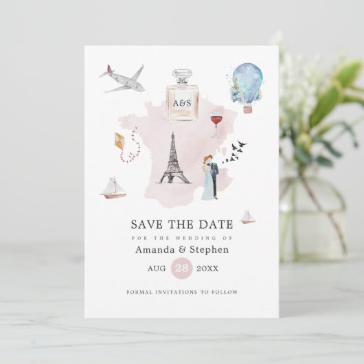 Waterverf Paris Destination Wedding Monogram Save The Date (Staand voorkant)