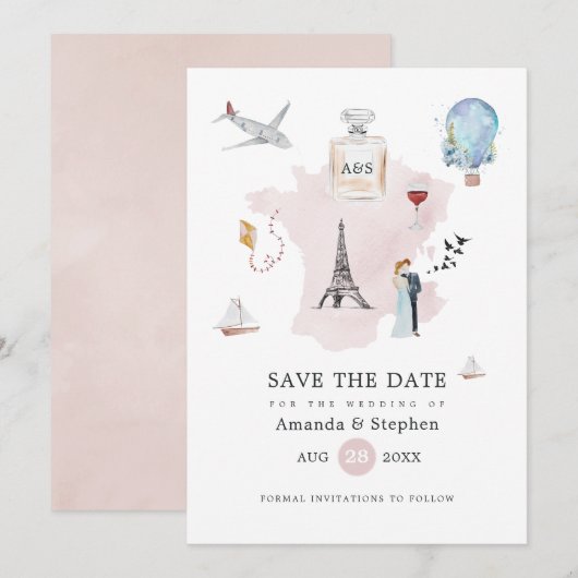 Waterverf Paris Destination Wedding Monogram Save The Date (Voorkant / Achterkant)