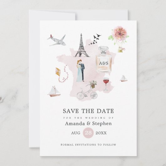 Waterverf Paris Destination Wedding Monogram Save The Date (Voorkant)