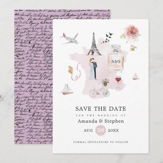 Waterverf Paris Destination Wedding Monogram Save The Date (Voorkant / Achterkant)