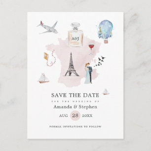 Waterverf Paris Destination Wedding Save the Date Aankondigingskaart