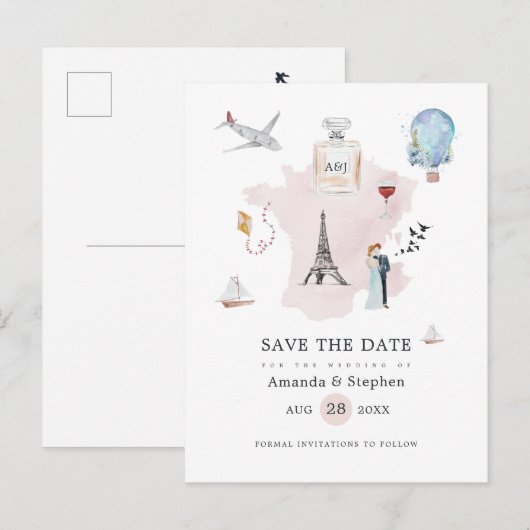 Waterverf Paris Destination Wedding Save the Date Aankondigingskaart (Voorkant / Achterkant)