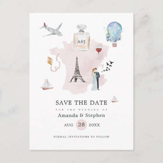 Waterverf Paris Destination Wedding Save the Date Aankondigingskaart (Voorkant)