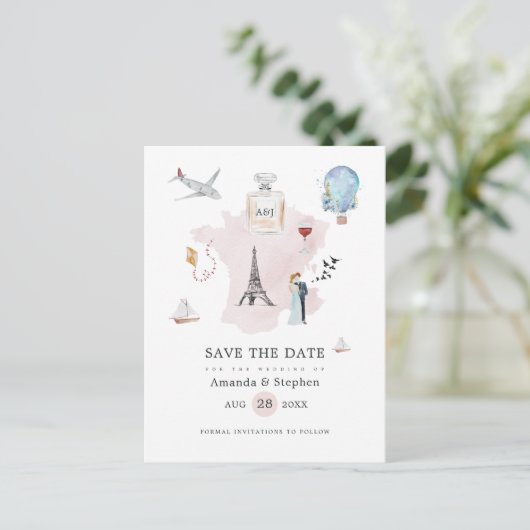 Waterverf Paris Destination Wedding Save the Date Aankondigingskaart (Staand voorkant)