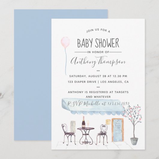 Waterverf Paris thema babyshower uitnodiging (Voorkant / Achterkant)