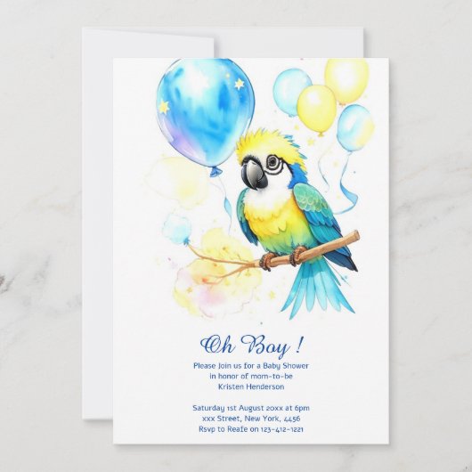 Waterverf Parkiet Jongen Baby Shower Uitnodiging (Voorkant)