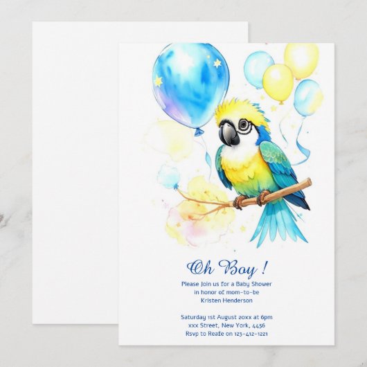 Waterverf Parkiet Jongen Baby Shower Uitnodiging (Voorkant / Achterkant)