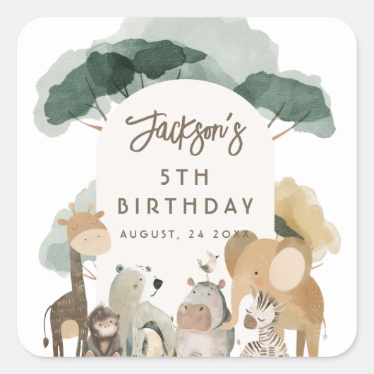Waterverf Party Dieren Foto Verjaardagsfeest Vierkante Sticker (Voorkant)