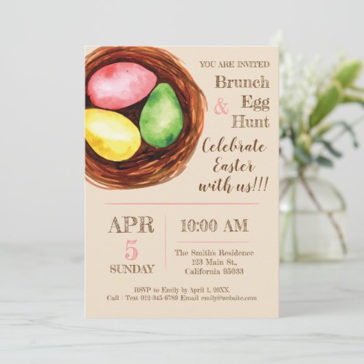 Waterverf Pasen Brunch en Egg Hunt Uitnodiging. Kaart (Staand voorkant)