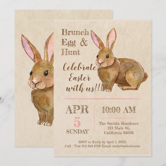 Waterverf Pasen Brunch en Egg Hunt Uitnodiging. Kaart (Voorkant / Achterkant)