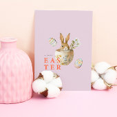Waterverf Pasen Bunny Roze Feestdagenkaart