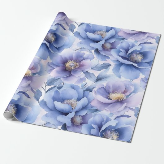Waterverf Pastel Blauw en Paarse pioenroos Bloemen Cadeaupapier (Uitgerold)