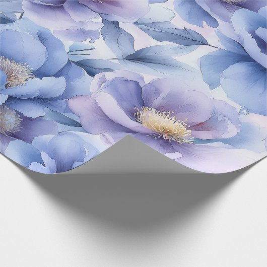 Waterverf Pastel Blauw en Paarse pioenroos Bloemen Cadeaupapier (Hoek)
