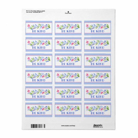 Waterverf Pastel Bloemen BE KIND Etiket (Full Sheet)