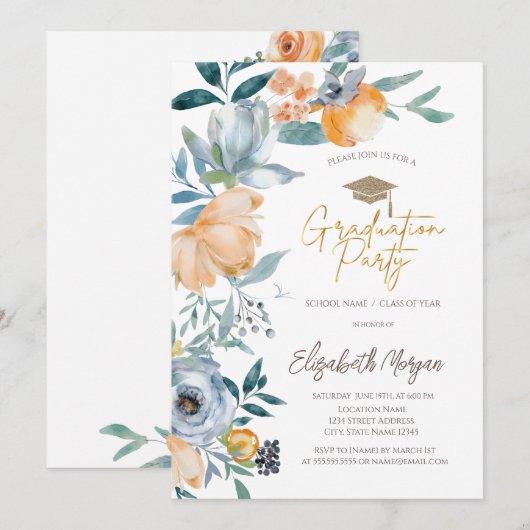 Waterverf Pastel Bloemen Graduation Party Kaart (Voorkant / Achterkant)